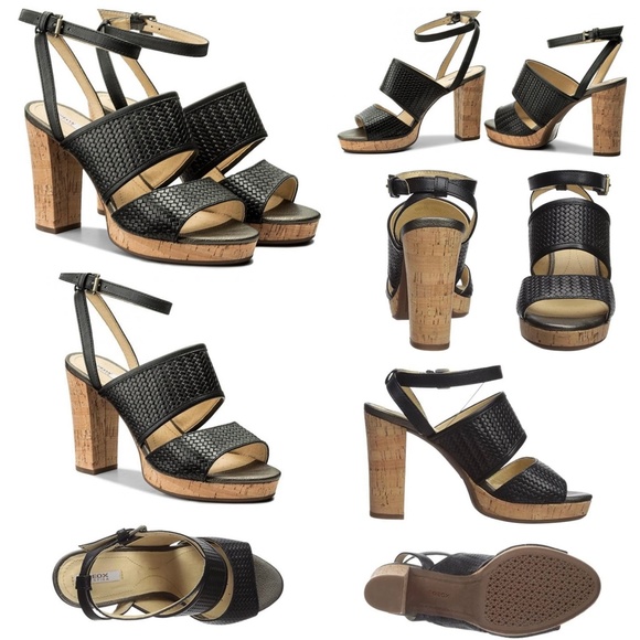 Geox Mauvelle Black Leather ankle strap block heel sandal platform dress shoes 8 - Picture 2 of 12